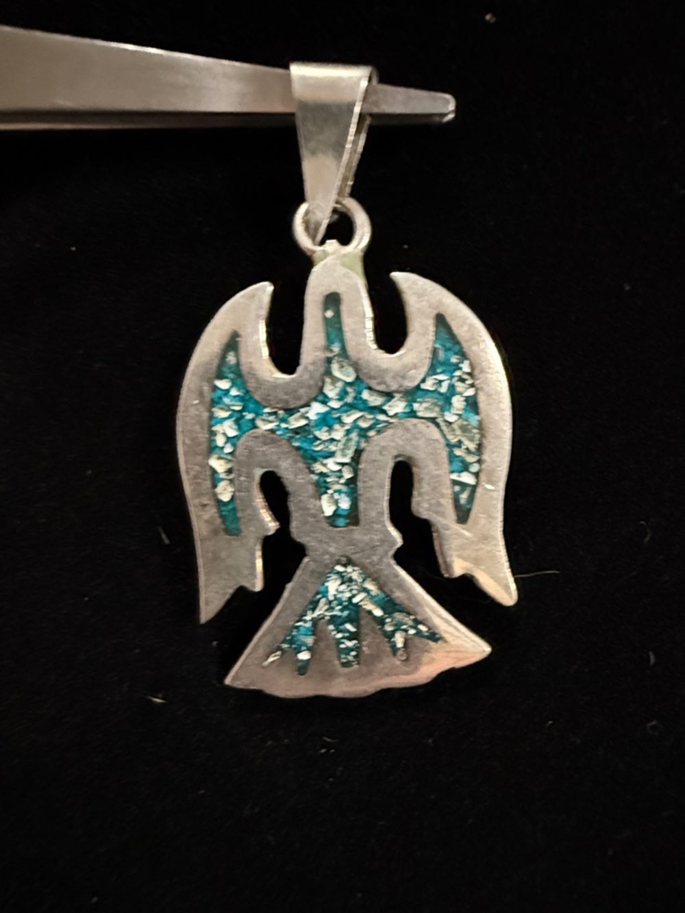 Vintage Sterling Silver blue turquoise Inlay Thunderbird Pendant